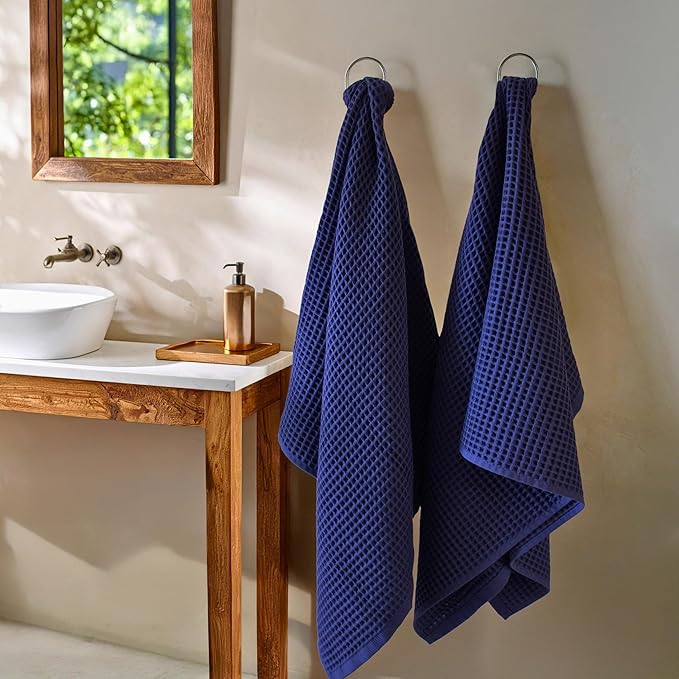 PÜSKÜL - Premium Waffle Towel Set 4 Pieces Navy Blue - Organic 100% Turkish Cotton Quick-Dry Towels for Bathroom Made in Turkiye (Navy Blue, Towel Set - 2 Hand & 2 Bath Towels)