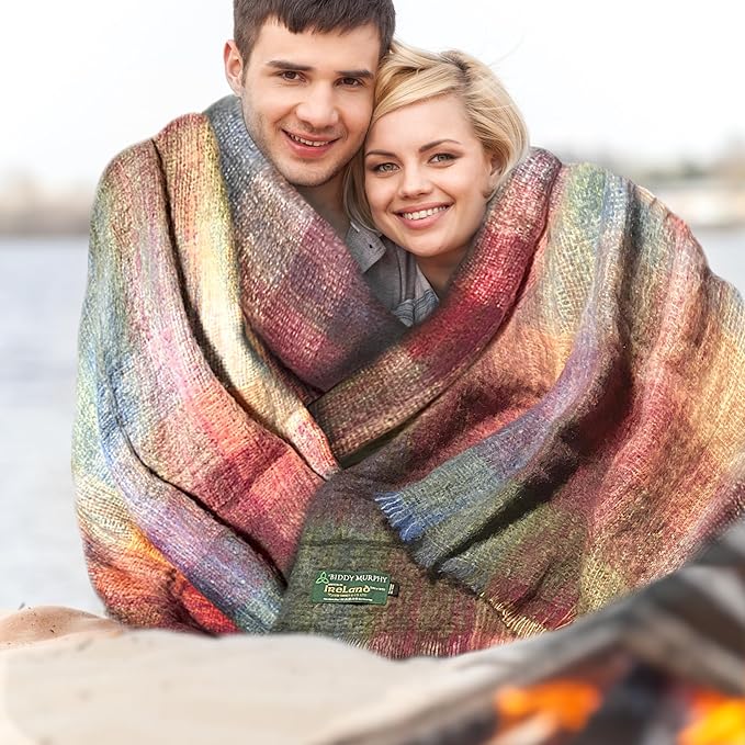 Biddy Murphy Ultra Soft Irish Mohair & Wool Throw Blanket, Made in Ireland, 54"x72", Plaid Multicolor