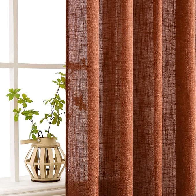 MIULEE Burnt Orange Linen Curtains 108 Inches Long for Living Room, Soft Thick Linen Textured Window Drapes Terracotta Rust Boho Fall Decor Semi Sheer Light Filtering Rod Pocket Back Tab, 2 Panels