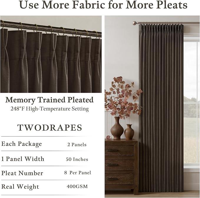 Dark Chocolate 120 Inch Pinch Pleated Linen Curtains 2 Panels Set for Living Room Bedroom Boho Farmhouse Light Filtering Semi Sheer Back Tab Pinch Pleat Hooks Rings Window Curtain 120 Inches Long