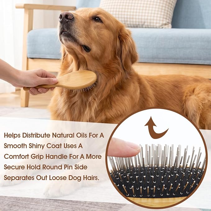 Dog Grooming Brush with Bamboo Handle, 20mm Stainless Steel Pins, Comfortable and Durable for All Hair Types