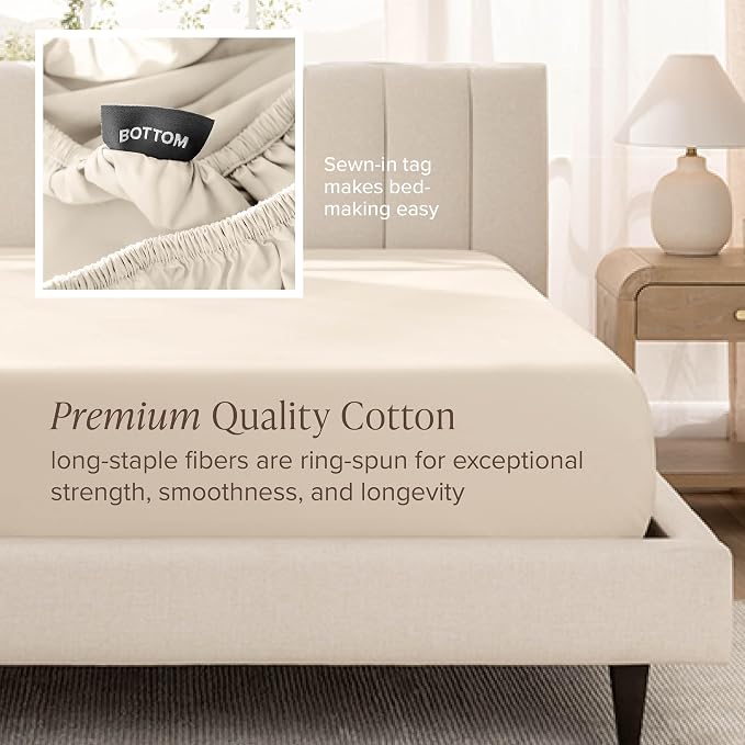 Bare Home 100% Organic Cotton King Sheet Set - 400 Thread Count - Smooth Sateen Weave - Breathable & Cooling - Hotel Luxury Set - Deep Pocket Bed Sheets (King, Sand)