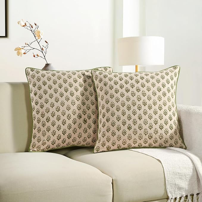 CPC Throw Piping Pillow Covers for Couch, 18x18 Inch Pillows for Living Room, 100% Cotton Boho Cute Outdoor Pillows, Flower Cushion Covers Gift for Spring, Easter - Earty Boho Vine