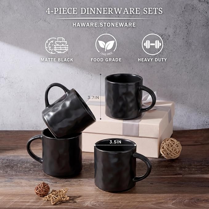 HaWare 14OZ Coffee Mugs Set of 4, Stoneware Coffee Cups with Handle, Latte Mug for Man, Woman, Dad, Mom, Modern Tea Mugs for Latte/Cappuccino/Cocoa/Milk, Dishwasher& Microwave Safe, Matte Black