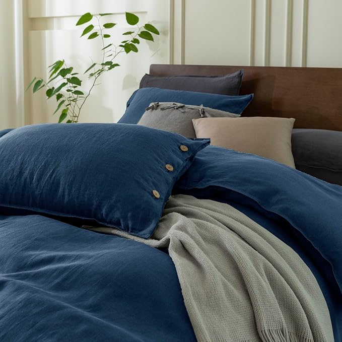 EVERLY 100% Pure Linen Duvet Cover Set Oversized King120X98Inch 3pcs (1 Duvet Cover,2 Pillowcases) Soft and Breathable for All Season with Coconut Button Closure, Suitable for Hot Sleepers-Navy Blue