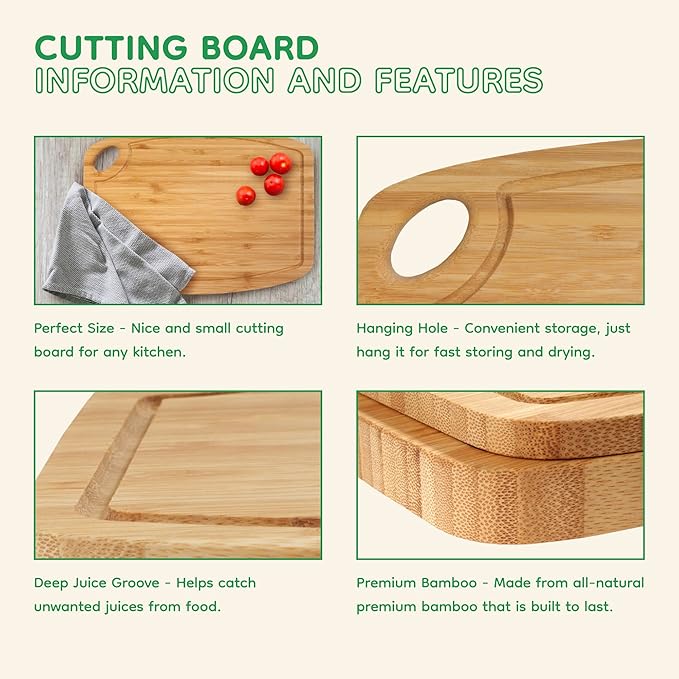 BambooMN Natural Bamboo Cutting Board w/Juice Groove and Hanging Hole - 11.75" x 8.63" x 0.75" - Vertical Cut - 1 Piece