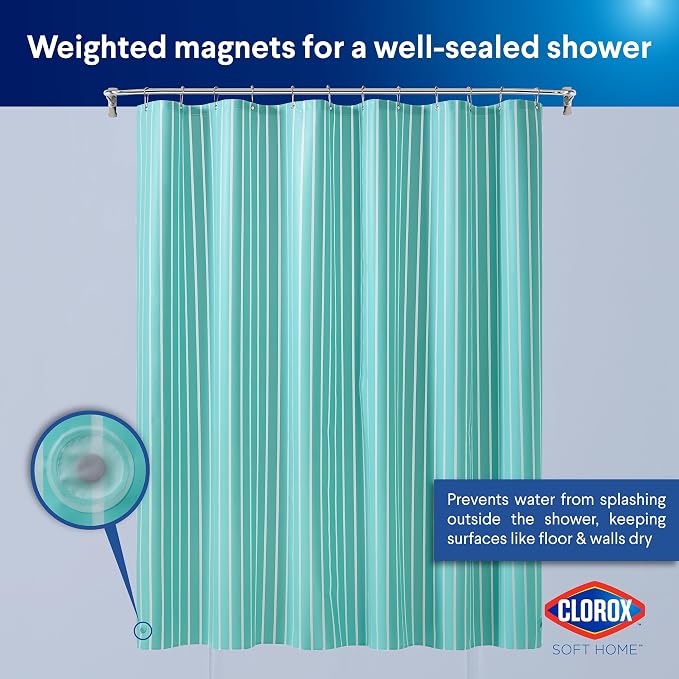 Clorox Shower Curtain Liner, Premium Striped Medium-Weight Durable Waterproof 6g PEVA for Bathroom with Weighted Magnets, Printed Standard Size 72" x 72", Aqua