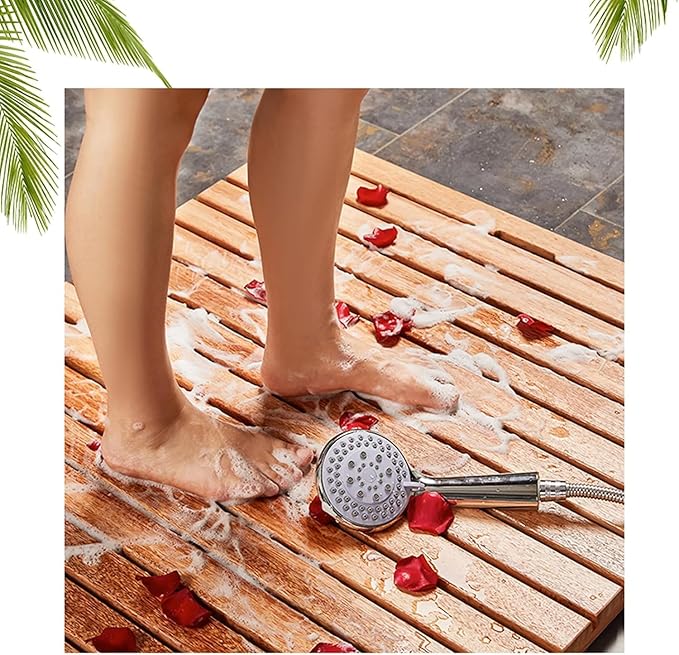 Natural Non Slip Bamboo Bath Mat, Durable Rectangular Wooden Bath Mat, Solid Wood Bathroom Floor Mat, Bamboo Bath Mat, Water Resistant Shower Mat, Bath Mats, Kitchen Mat, 40x40cm/16x16in