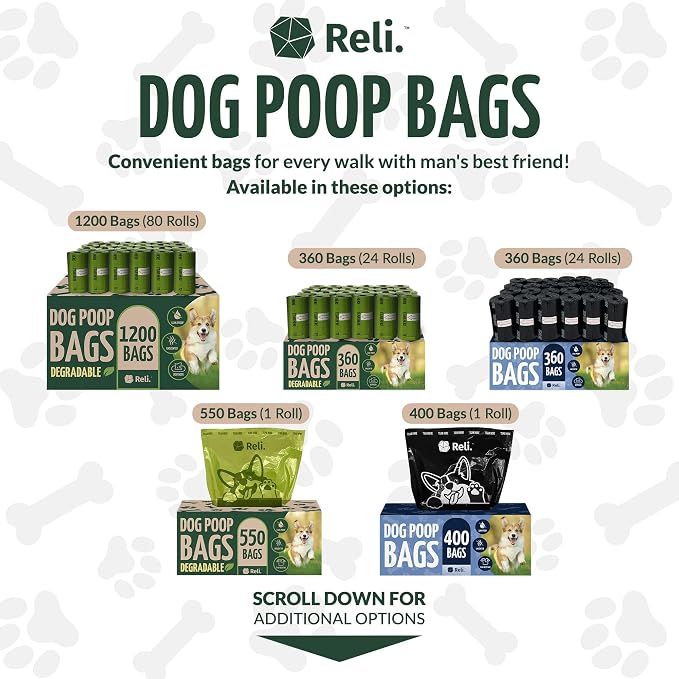 Reli. Poop Bags Rolls | Dog Poop Bags for Dogs (360 Count) | Biodegradable | Leak-Proof | 9x13" | Green Dispenser
