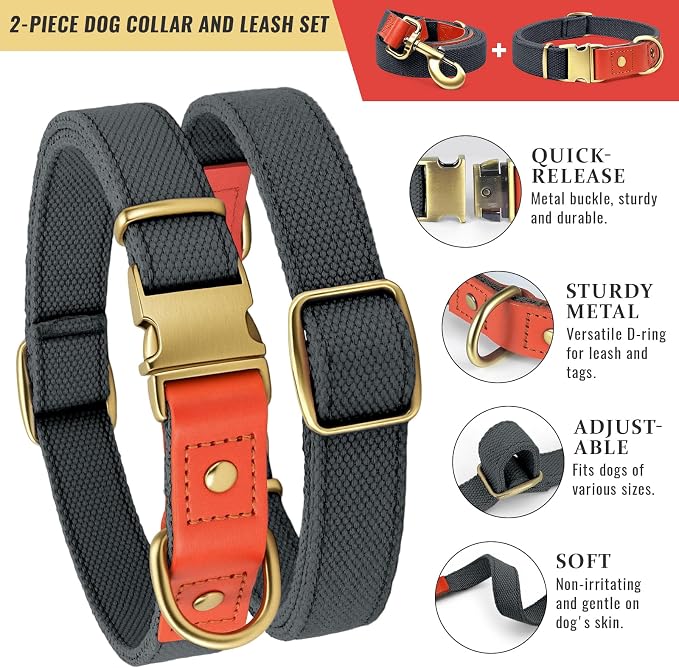 Dog Collar and Leash Set with Metal Quick Release Buckle, Adjustable, Breathable Nylon, Durable, Soft and Comfortable, No Pull for Walking and Training, Blue-Black, XL (16.9"-26")