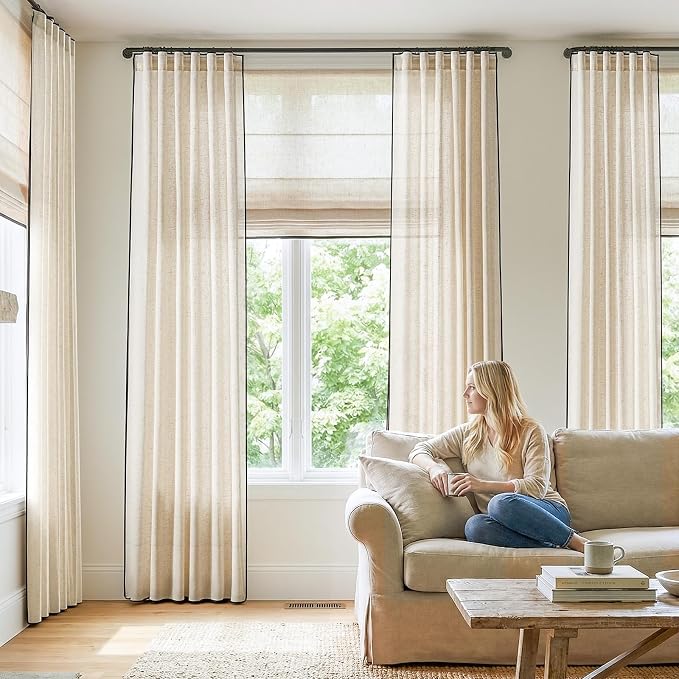 jinchan Beige Linen Blend Curtains with Black Trim, French Style Drapes for Living Room Bedroom 2 Panels 90 Inches Length Neutral Curtains Farmhouse Modern Window Treatment with Rod Pocket Back Tab