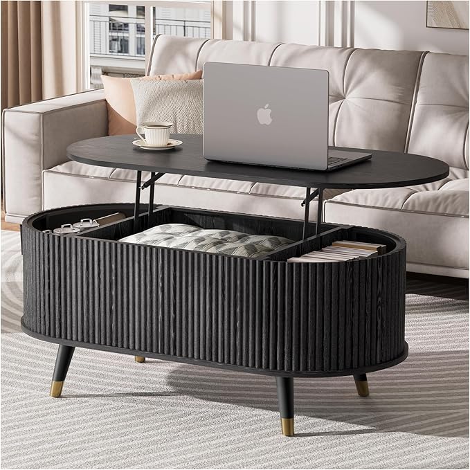 JOINICE 42.5" Oval Lift Top Coffee Table with Storage,Modern Black Center Table with Fluted Design, Solid Wood Legs & Hidden Compartment, Pop Up Coffee Table for Living Room