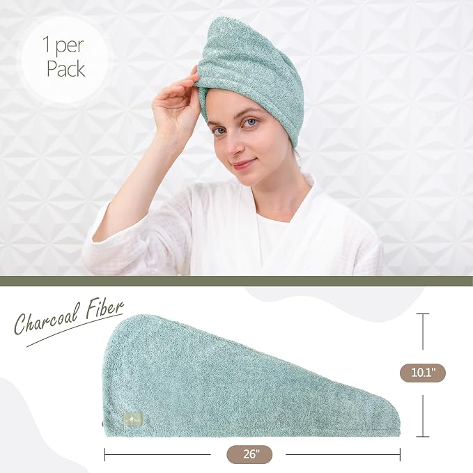 myHomeBody Hair Towel Wrap, Quick Drying Turban, Absorbent Cap – Green | Hair Turban Towel for wet hair, Ultra Soft Charcoal Fiber Cap, Towel Head Wrap for bathing with Coconut Shell Button