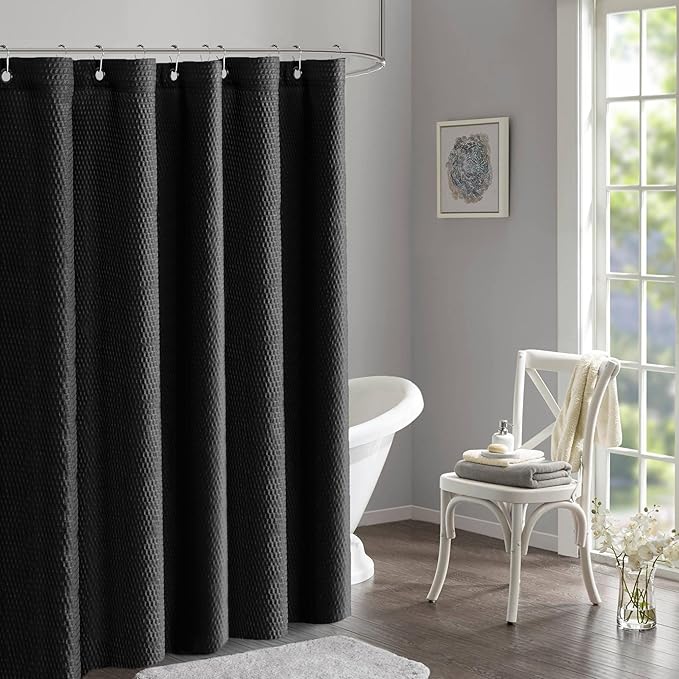 Tititex Solid Black Cloth Fabric Shower Curtain Liner with 2 Magnets - Texture Soft Hotel Quality Waterproof Shower Liner, Light-Weight & Machine Washable 72x78 inch