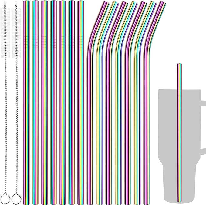 Tomorotec 40oz Straws, 14PCS Stainless Steel Replacement Straws Fit for Stanley 40oz Adventure Quencher Travel Tumblers w/Cleaning Brushes 2PCS, Food-Grade, Dishwasher Safe for Smoothies (Metallic)