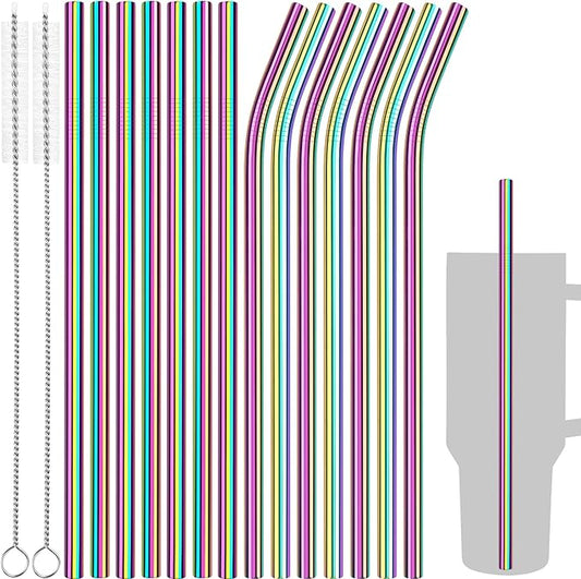 Tomorotec 40oz Straws, 14PCS Stainless Steel Replacement Straws Fit for Stanley 40oz Adventure Quencher Travel Tumblers w/Cleaning Brushes 2PCS, Food-Grade, Dishwasher Safe for Smoothies (Metallic)