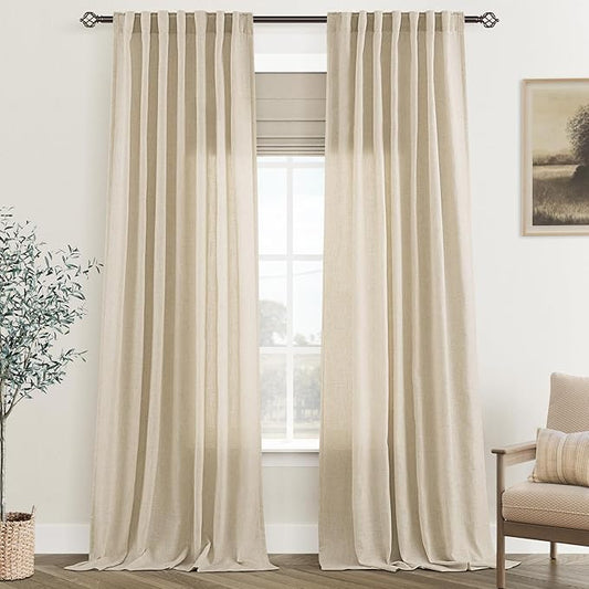 Greyish Beige Linen Curtain 96 inch Length 2 Panels Set Back Tab Light Filtering Living Room Curtain Drapes Home Office Modern Minimalist Decor Farmhouse Boho Neutral Semi Sheer Curtain 96 inch Long