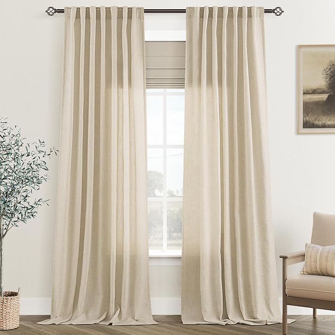 Greyish Beige Linen Curtain 102 inch Length 2 Panels Set Back Tab Light Filtering Living Room Curtain Drapes Home Office Modern Minimalist Decor Farmhouse Boho Neutral Semi Sheer Curtain 102 inch Long