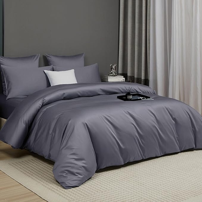 Gray Cotton Duvet Cover Set King 100% Long-Staple Cotton Sateen Bedding Set, Soft Breathable Smooth Organic Pure Cotton Plain Comforter Cover, Luxury Minimalist Bedroom Decor for All Season