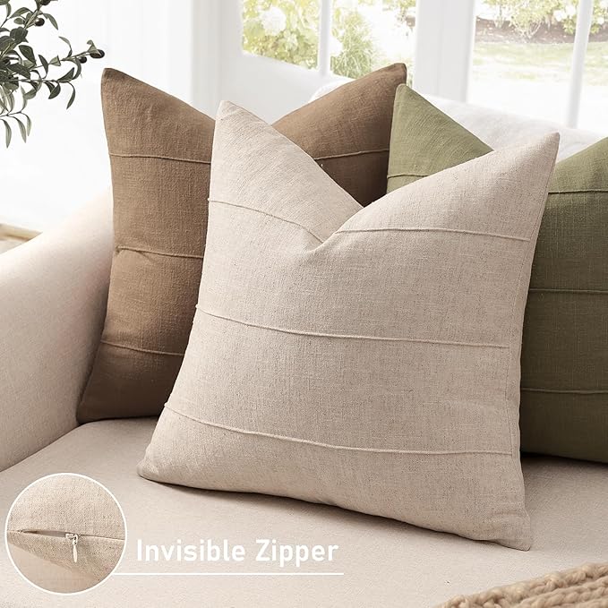 ZWJD 12x20 Pillow Covers Set of 2 Decorative Linen Solid Handcrafted Striped Throw Pillows for Bed Soft Modern Farmhouse Neutral Pillowcase for Couch Bedroom Living Room Home Decor(Natural Beige)