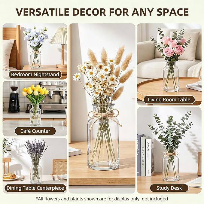 500ML Vintage Glass Vase Minimalist Clear Rustic Cylinder Bottles with Hemp Rope & Stickers for Wedding Centerpieces, Floral Arrangements, Farmhouse Home Decor, Table & Bookshelf Display