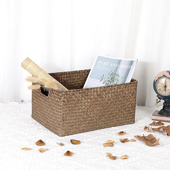Hipiwe Seagrass Storage Baskets Bin for Shelf Organizing Rectangular Wicker Basket with Handle Handwoven Opened Baskets Bin Decorative Basket Box for Closet Bedroom Organizer