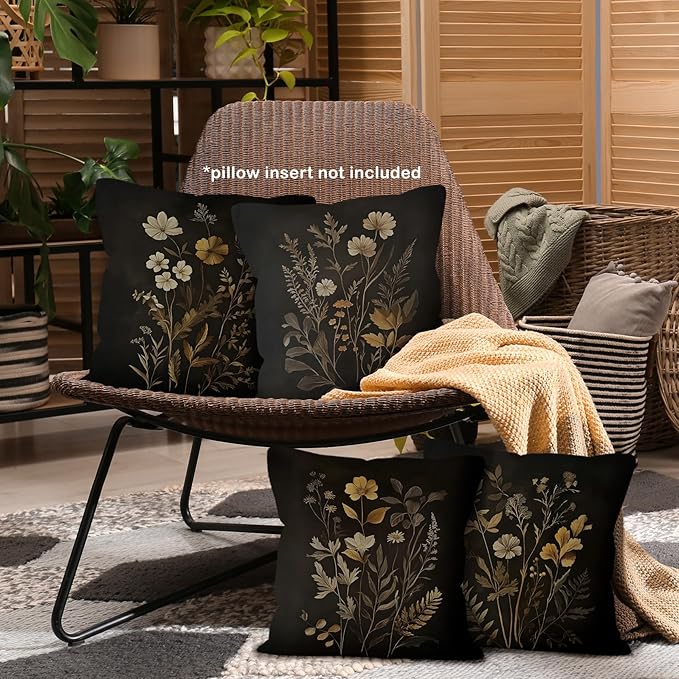 Dark Academia Cottagecore Botanical Throw Pillow Covers 18x18 Set of 4, Vintage Fall Moody Floral Wildflower Decor Pillow Cases for Bedroom Living Room, Rustic Farmhouse Pillowcases for Couch