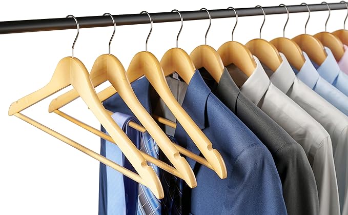 20 Pack Premium Wooden Suit Hangers - Smooth Natural Finish Heavy Duty Wood Coat Hangers - 360 Swivel Hook and Notches Clothes Hangers with Non Slip Pants Bar for Shirt, Jacket, Pant, Dress Hangers