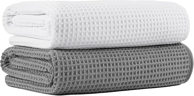 MICROFI New Microfiber Waffle Bath Towels, 2 Pieces, Oversized, Soft, Absorbent, Fast Drying, Lint Free 430 GSM (Gray+White)