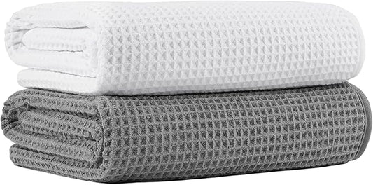 MICROFI New Microfiber Waffle Bath Towels, 2 Pieces, Oversized, Soft, Absorbent, Fast Drying, Lint Free 430 GSM (Gray+White)