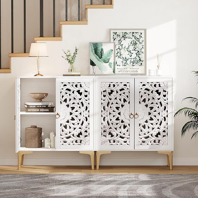 JOINICE 31.5" White Accent Cabinet with Carved Doors & Storage, Set of 2 | Carved Floral Design, Boho, Versatile Storage for Living Room & Bedroom & Hallway & TV Stand, Adjustable Shelf, Easy Assembly