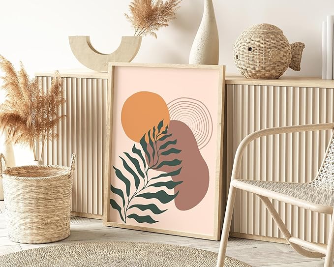 Boho Monstera Leaf Wall Art Abstract Sun Earth Tones Terracotta Mid Century Modern 24x36 Inch Oak Wood Beige Framed Minimalist Botanical Print for Living Room Office