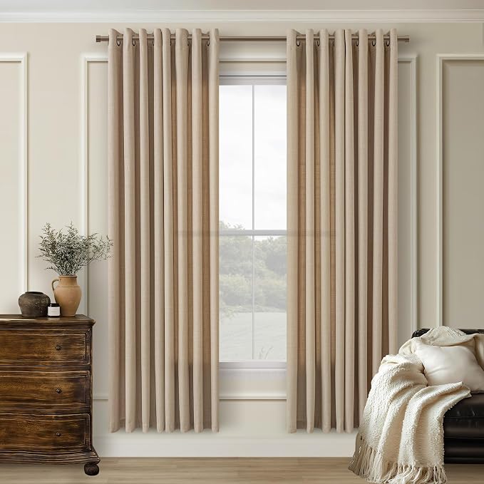 Tawny Tan Curtains 72 Inch Length for Living Room 2 Panels Set Grommet Light Reducing Semi Sheer Flax Linen Thick Slub Curtains for Bedroom Country Farmhouse Khaki Camel Brown 52x72 Inches Long