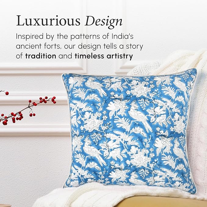 CPC 100% Cotton Throw Pillow Covers 18x18 Inch, Set of 2 Blue Block Print Pattern Couch Pillow, Cute Boho Decorative Pillows for Living Room, Bedroom with Hidden Zipper- Blue Sapphire