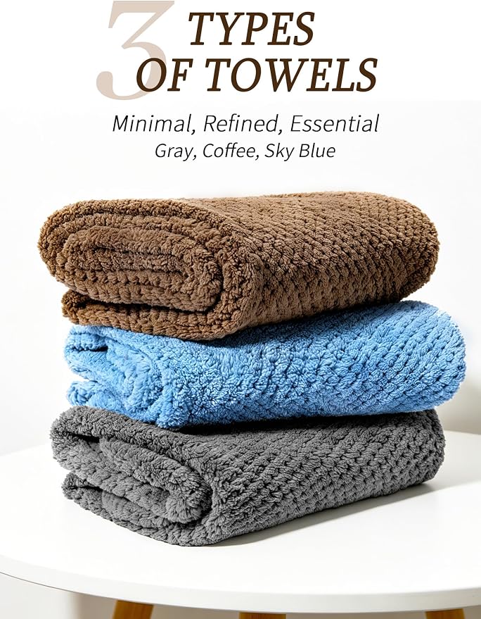3 Pack Microfiber Hair Towel Wrap for Women, Hair Drying Towels with Button, Super Absorbent Quick Dry Hair Turban, Anti-Frizz Hair Wrap for Curly Thick Long Hair (Gray Khaki Misty Blue)