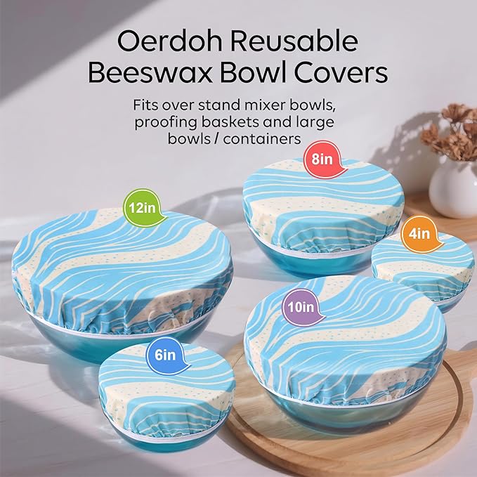 Reusable Beeswax Bowl Covers (5-Pack) - Eco-Friendly Food Wraps & Bread Proofing Shower Caps, Perfect for Sourdough Fermentation and Food Storage (Navy Blue)