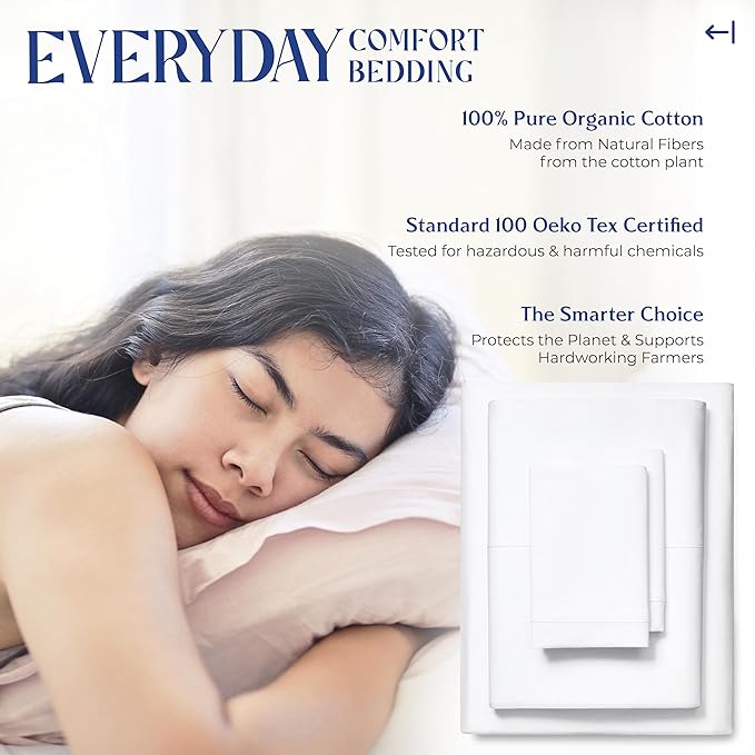 Mayfair Linen 100% Organic Cotton Sheets Twin XL Size - 3 PC Organic Cotton Percale Sheets Twin XL Set (White), Soft, Crisp, Cooling Bedsheets, 16" Deep Pocket Hotel Bedding - GOTS Certified