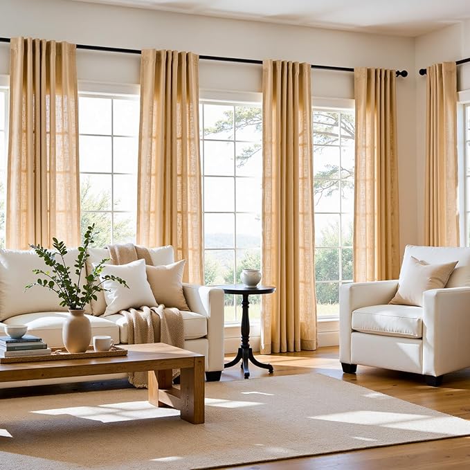jinchan Linen Blend Curtains 84 inch Length 2 Panels for Bedroom Living Room, Light Filtering 50 inch Wide Farmhouse Drapes with Rod Pocket Back Tab(50W x 84L, Mustard Yellow)