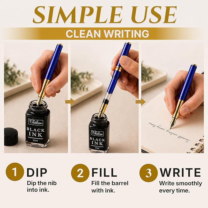Château Avant Fountain Pen Set | Refillable Blue Fountain Pen with Black Ink Bottle, Fine Nib, and Converter | Smooth Writing Gift Set for Beginners, Men, and Women