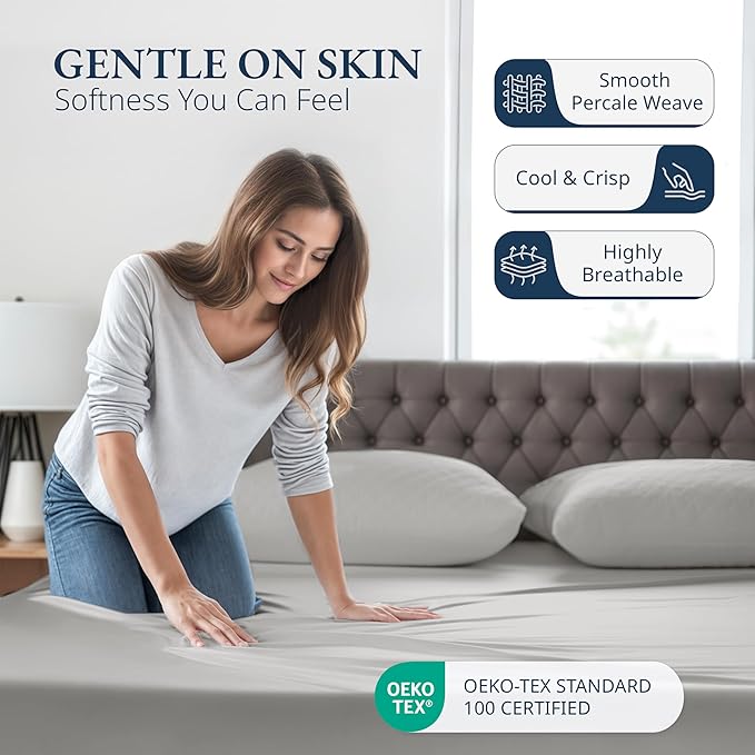 LANE LINEN Twin XL Fitted Sheet, 100% Organic Cotton 2-Piece Set (1 Fitted Sheet, 1 Pillowcase), Percale Weave, Bottom Sheet, Soft, Breathable, Fits Mattress Upto 15" Deep - Silver (No Flat Sheet)