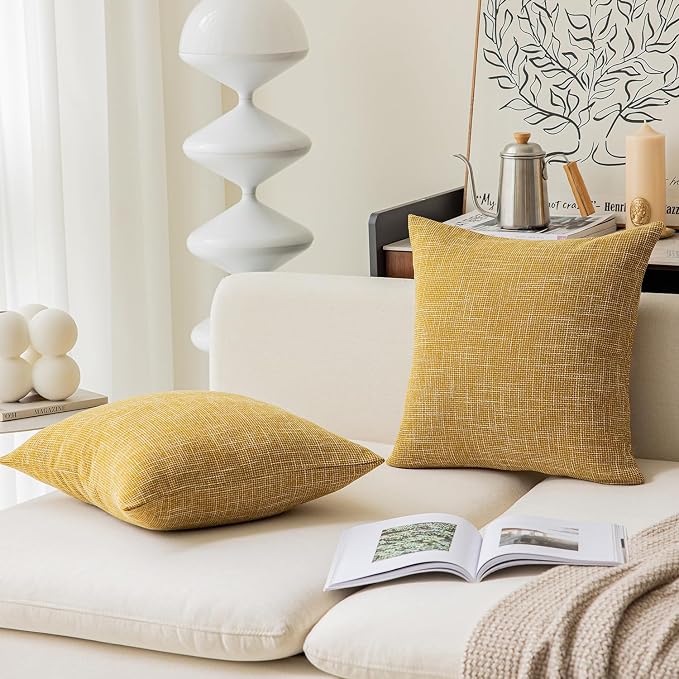 Kevin Textile Decorative Linen Pillowcases for Couch/Sofa/Bed/Car, Honey Yellow Striped Star Both Sides, 26x26-inch (66x66cm), 2 Pieces,Honey Yellow