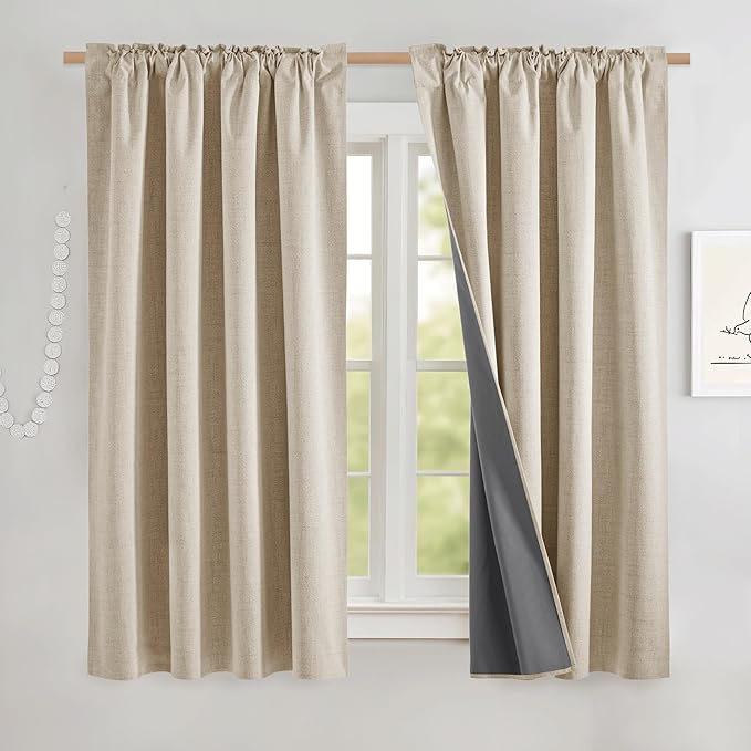 NICETOWN 100% Black Out Curtains 48 inch Long, Thermal Insulated & Noise Reducing Window Draperies with Grey Liner, Linen Blend Short Drapes for Kids' Room (52" W by 48" L, 2 Panels, Beige)