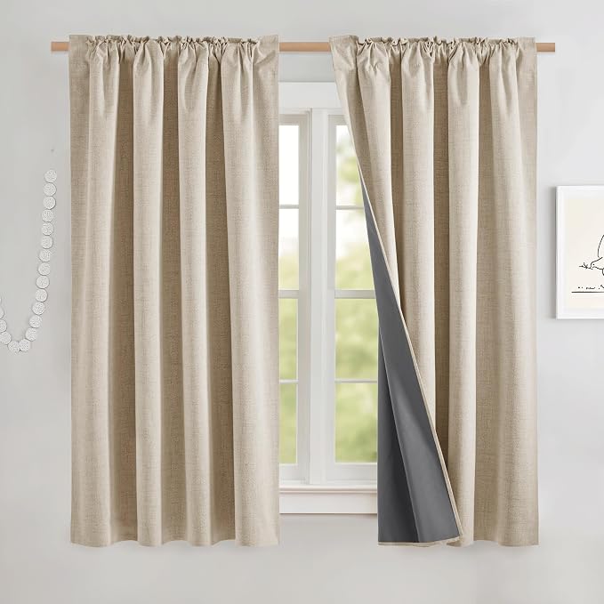 NICETOWN 100% Black Out Curtains 63 inch Long for Kitchen, Burlap Linen Drapes with Thermal Insulated Grey Liner, Keeping Out Cold Air and Heat Panels for Privacy (Set of 2, 52" Width, Beige)