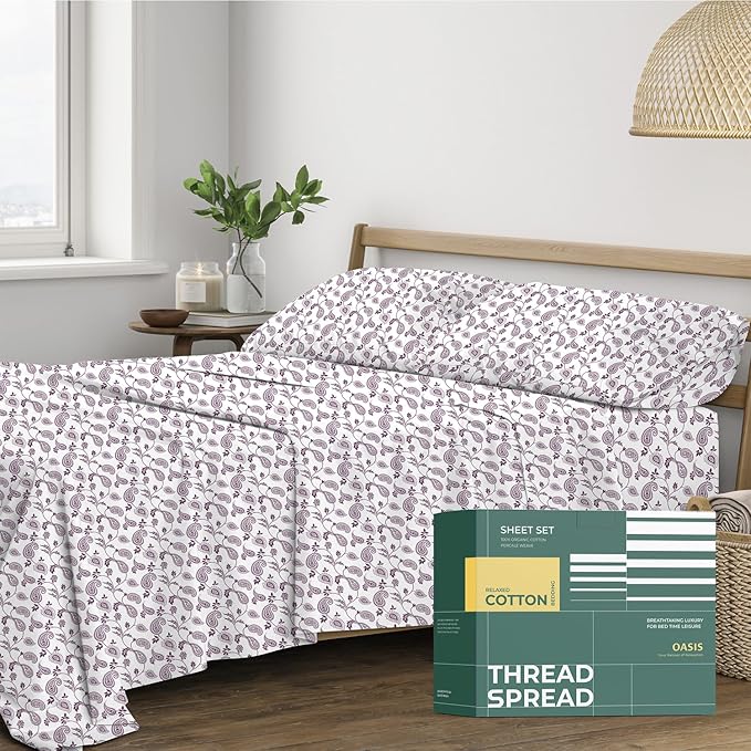 THREAD SPREAD 100% Organic Cotton Sheets California King Size - Organic Cotton Cal King Size Percale Sheet Set (4 PC, Paisley), Soft, Cooling & Crisp, 16" Deep Pocket Hotel Quality Bedding Set