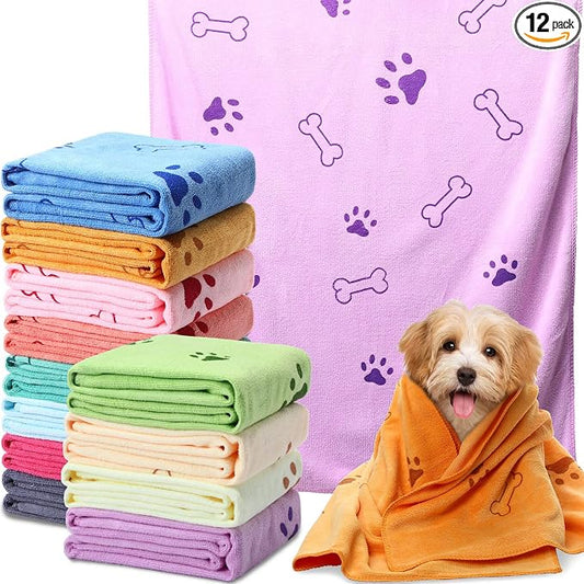Irenare 12 Pack Dog Bath Towel Set 20'' x 39'' Microfiber Towels for Drying Dogs, Dog Drying Grooming Towel Absorbent Quick Soft Cat Shower Essential for Small Medium Puppy Pet(Multicolor)