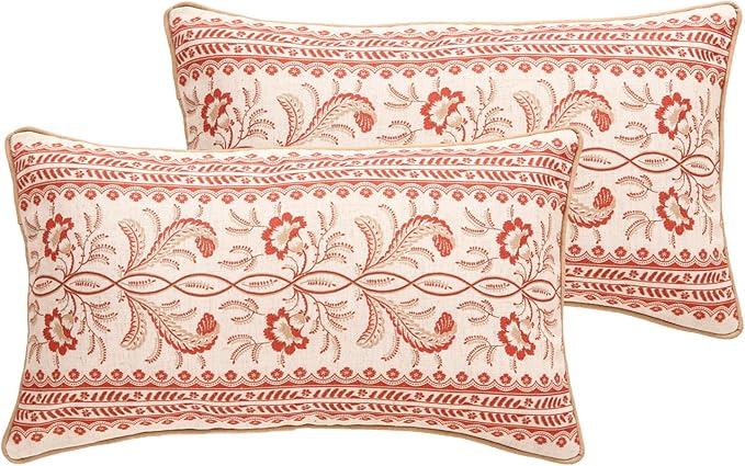 ISAENNE Design Euro Linen Rectangle Throw Pillow Covers 12"x20" Pack of 2, French Country Cushion Covers with Orange Morris Floral Pattern Decoration Pillowcases for Bed, Living Room, Outdoor, Car