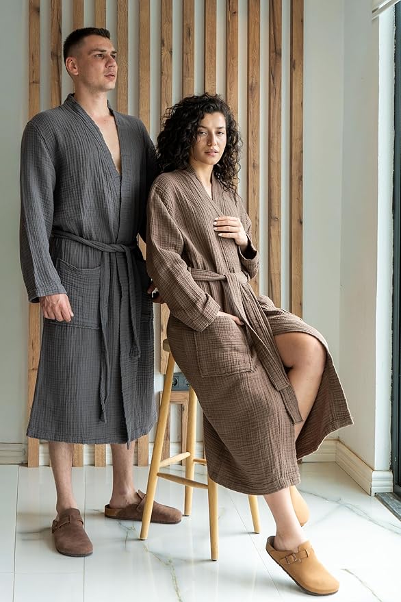 Muslin Unisex Bathrobe Women & Men, 100% Cotton Kimono Lightweight Robe | Long Robes Soft, Absorbent, Spa robes