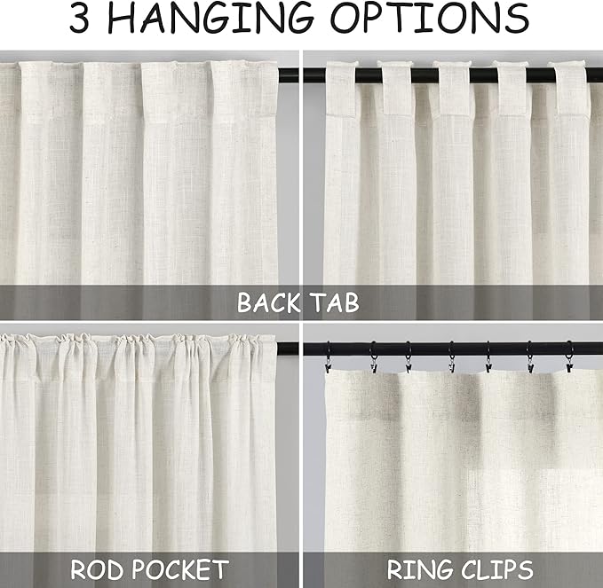 Nanspring Extra Long Curtains 2 Panels 111 Inches Long for Dinning Room Cream Back Tab Rod Pocket Light Filtering Semi Sheer Drapes Cotton Linen Textured Window Curtain for Bedroom 52x111