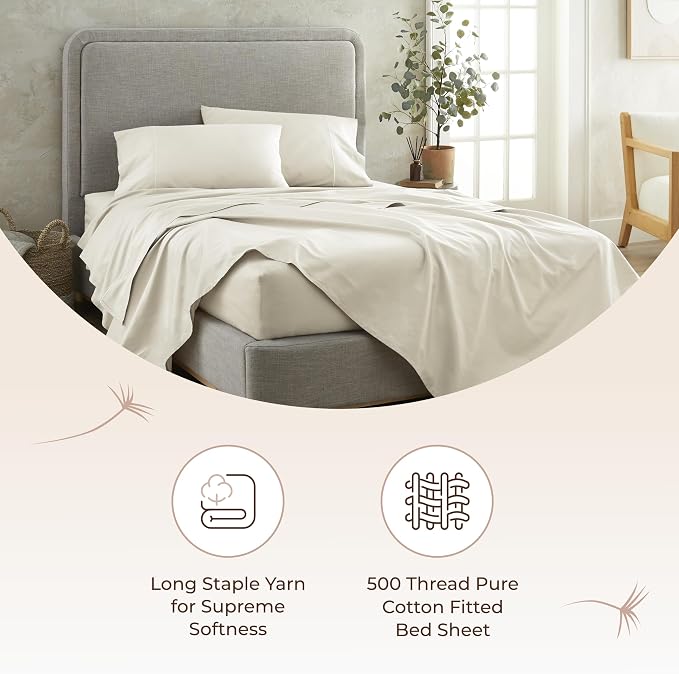 Organic Queen Fitted Sheet Only Deep Pocket - 100% Organic Cotton Sheets with Soft Breathable 500 Thread Count Sateen Weave GOTS & Fairtrade Certified - Fitted Bed Sheets Only (Natural, Queen)