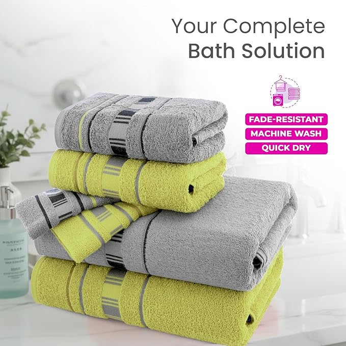 CASA COPENHAGEN X Line 6Pcs 100% Egyptian Cotton Large Designer Towels Gift Set- Silver Grey - Green, 600 GSM, 2Bath 2Hand 2Washcloths, Bath Towels for Bathroom (Gift Set for Women & Men)